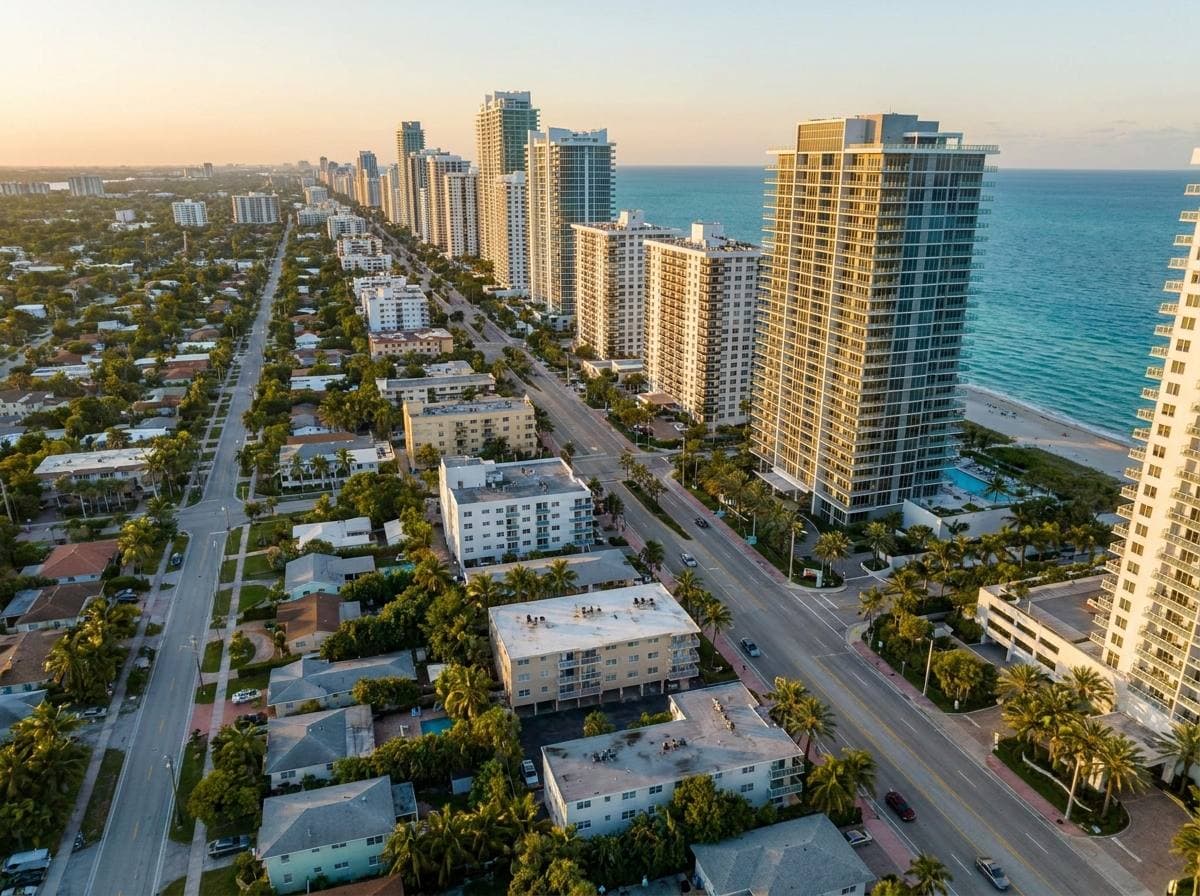Surfside oceanfront tower strip on Collins Avenue with adjacent residential grid west of Harding Avenue