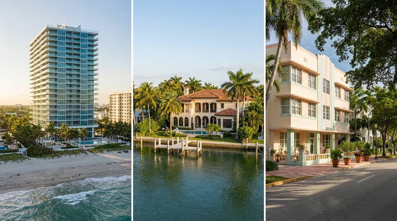 Surfside property types: oceanfront tower, bay-side single-family, boutique low-rise