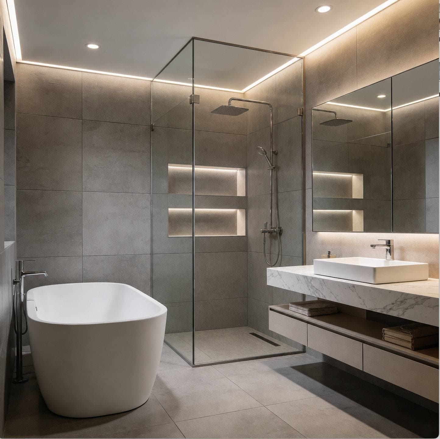 Completed bathroom remodel with a floating wood vanity and a freestanding soaking tub and a glass-enclosed walk-in shower