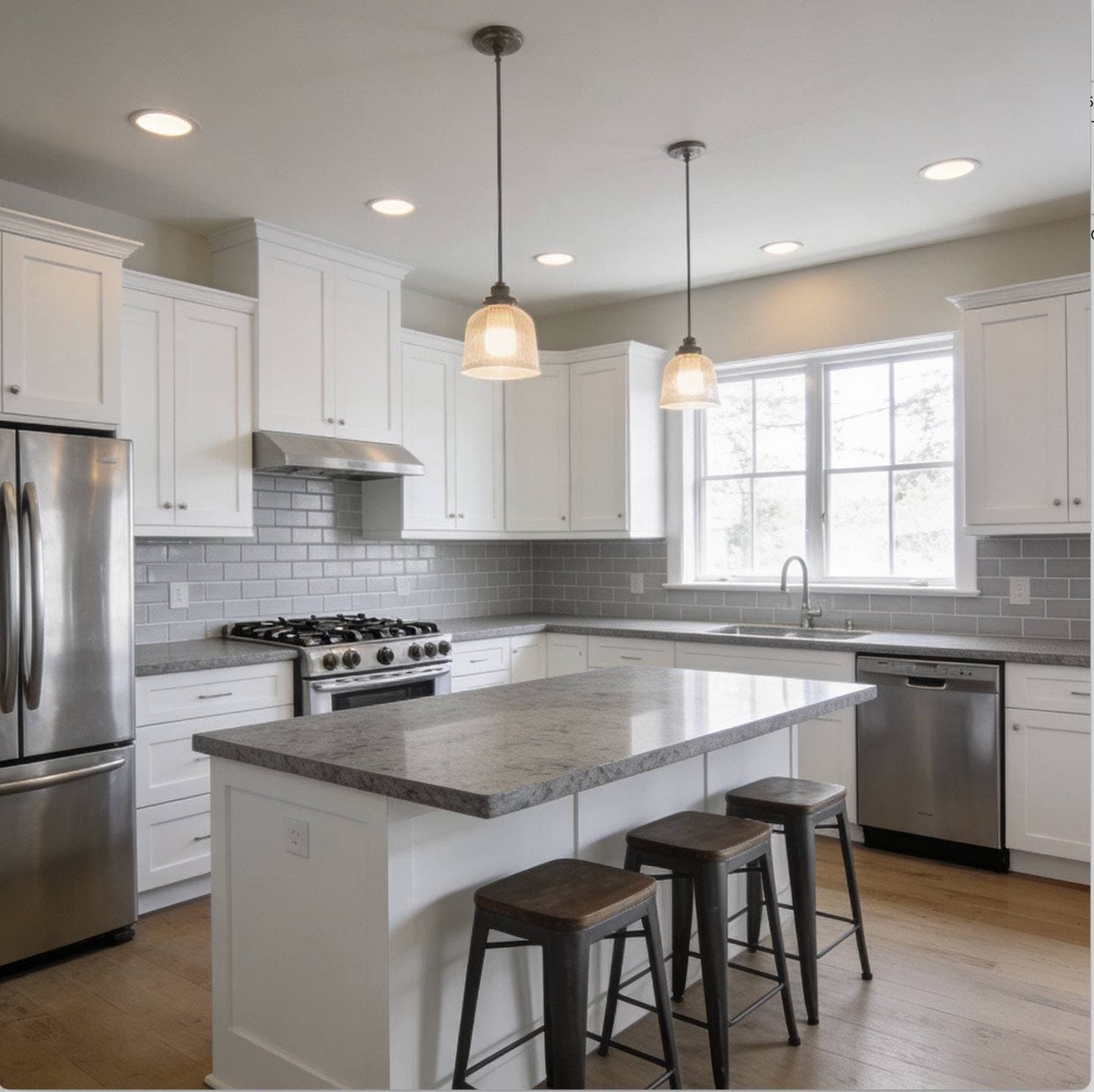 Completed kitchen remodel with white shaker cabinetry, a center island with pendant lighting, and stainless steel appliances
