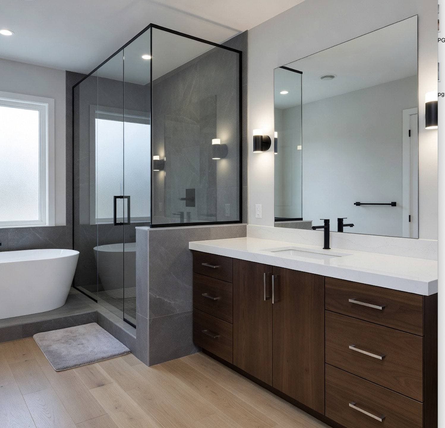 Completed bathroom remodel with a floating wood vanity and a frameless glass walk-in shower