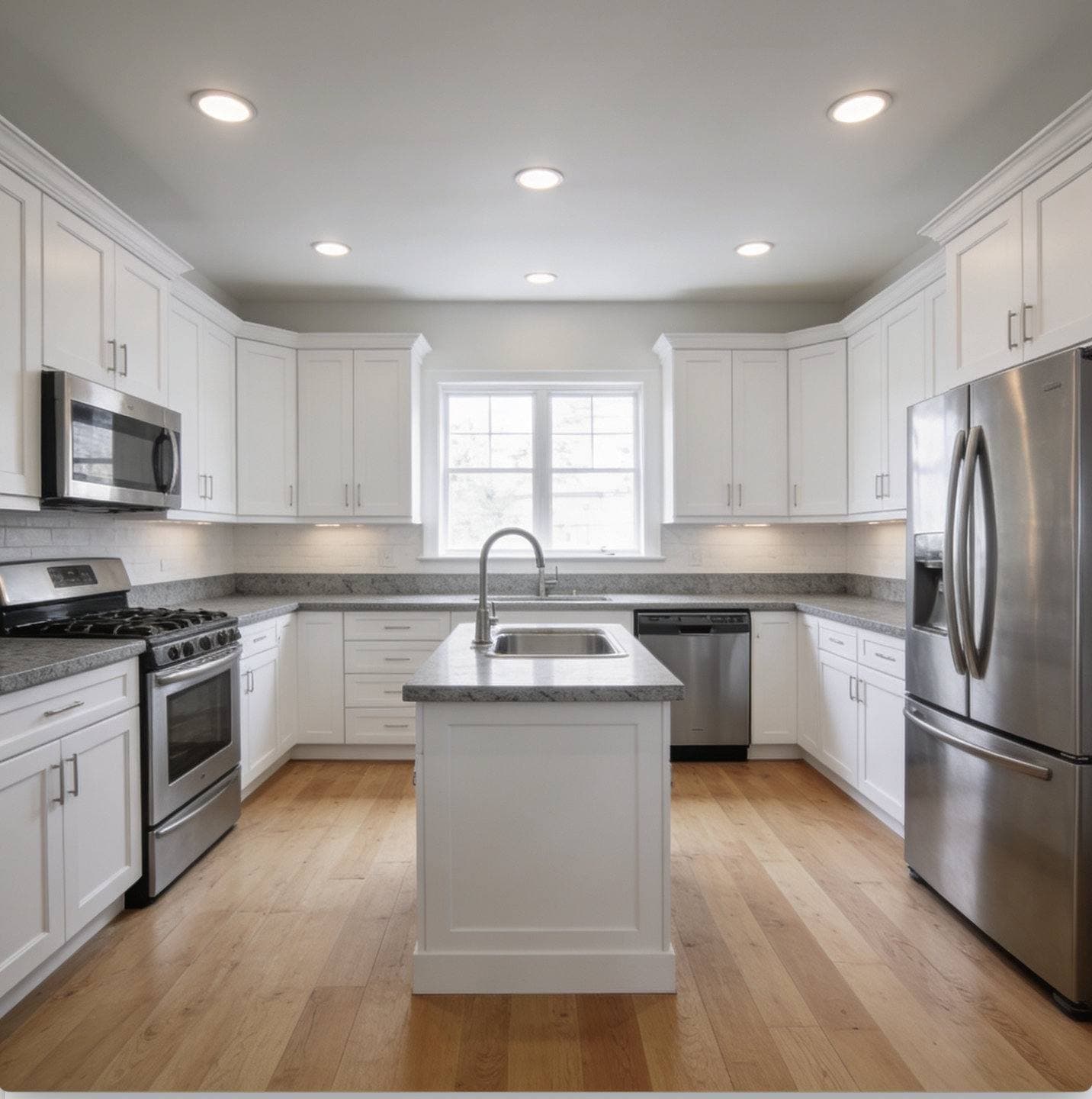 Completed kitchen remodel with white shaker cabinetry, a center island with pendant lighting, and stainless steel appliances