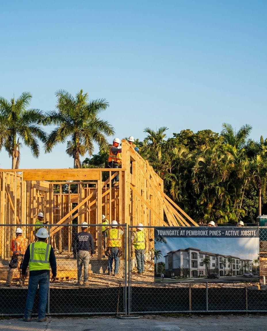 Florida Certified General Contractor license CGC1524886 credentialing — Gaven Constructions on active Towngate at Pembroke Pines jobsite
