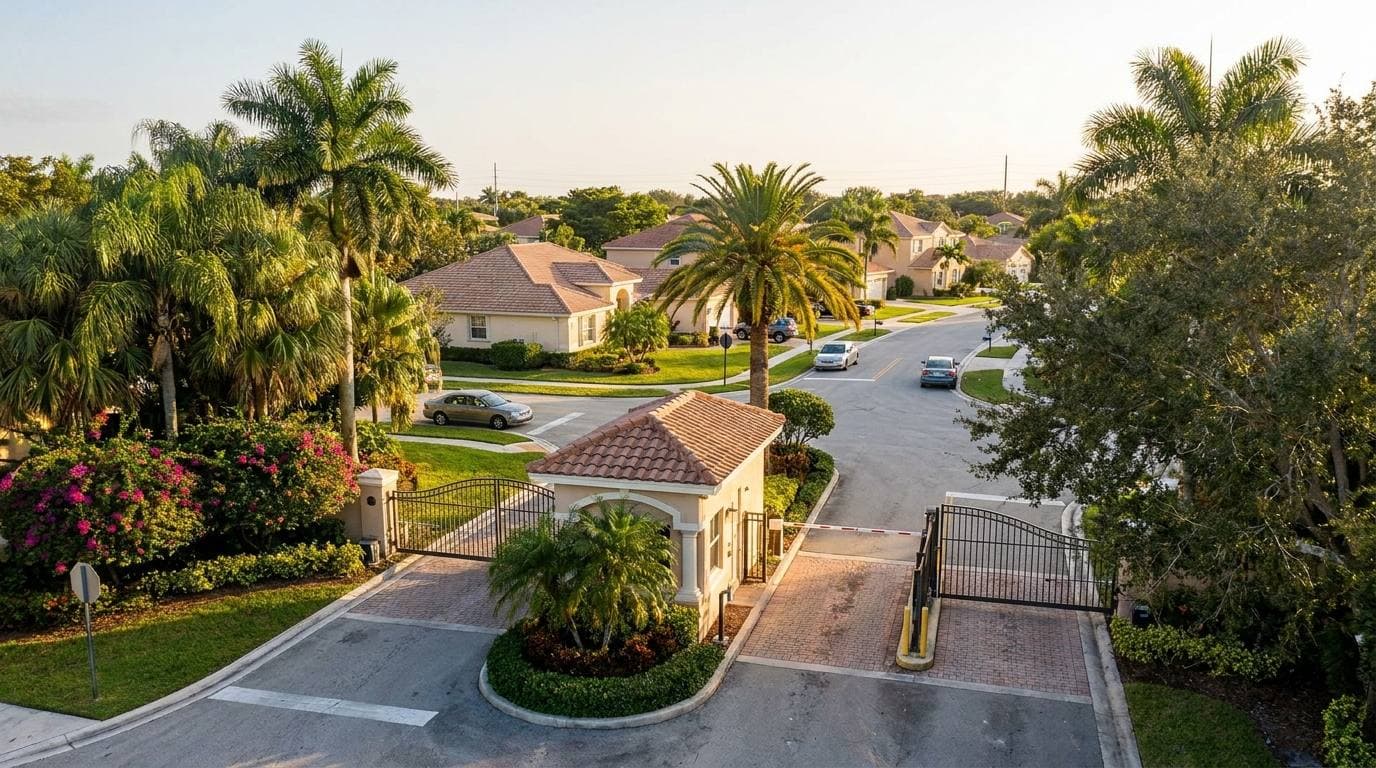 Towngate at Pembroke Pines master-planned community gated entrance with 1990s single-family homes and mature landscape, west-central Pembroke Pines