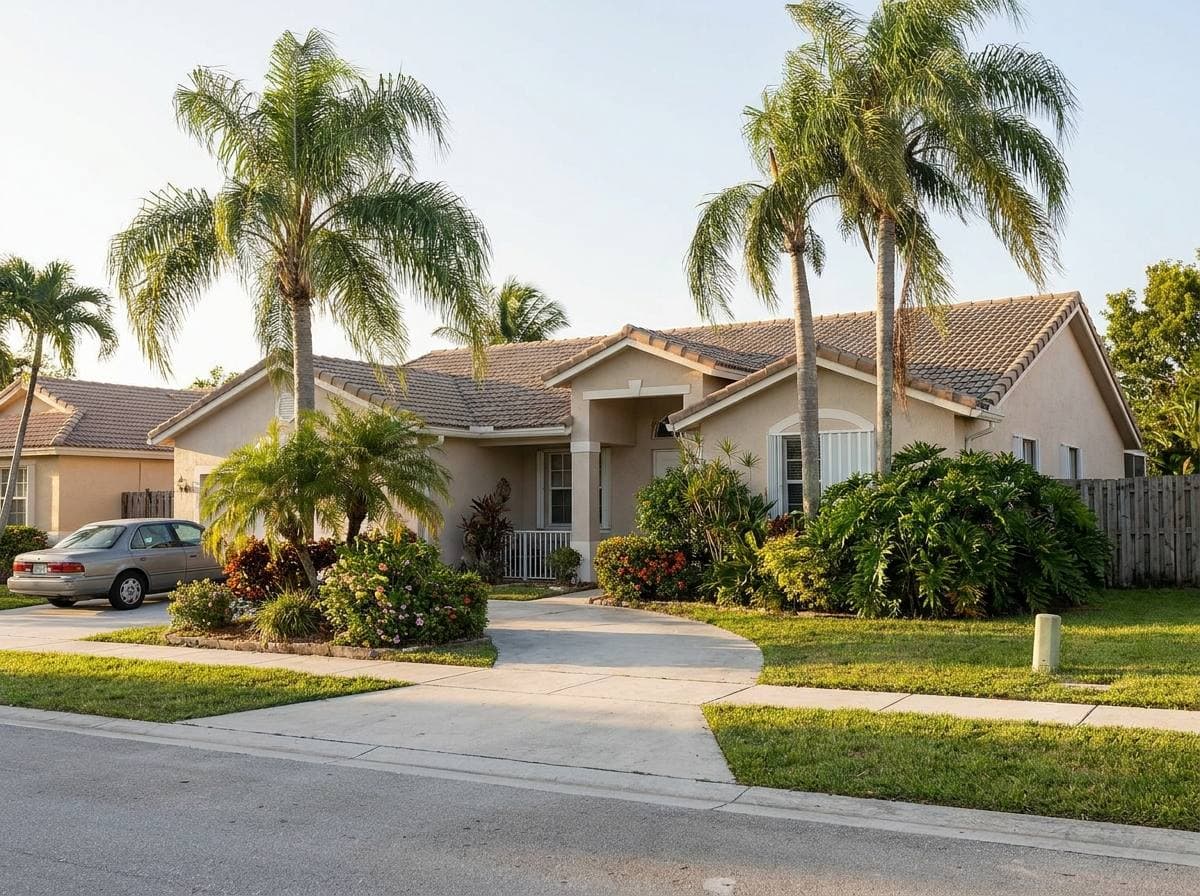 Typical 1990s CBS single-family home in Towngate at Pembroke Pines with mature landscape, representative of the post-Hurricane Andrew build wave
