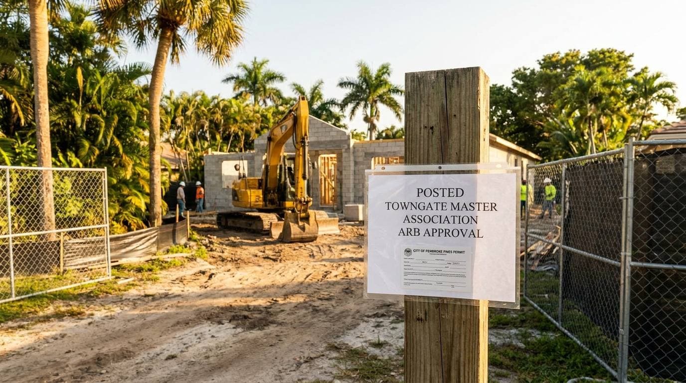 Posted Towngate master association ARB approval and City of Pembroke Pines permit at active Gaven Constructions jobsite