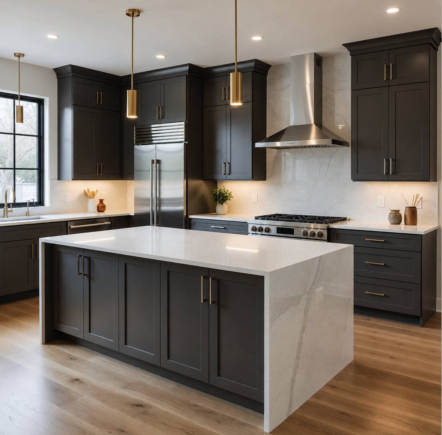 Completed kitchen remodel with two-tone dark and white cabinetry, a center island with pendant lighting, and stainless steel appliances