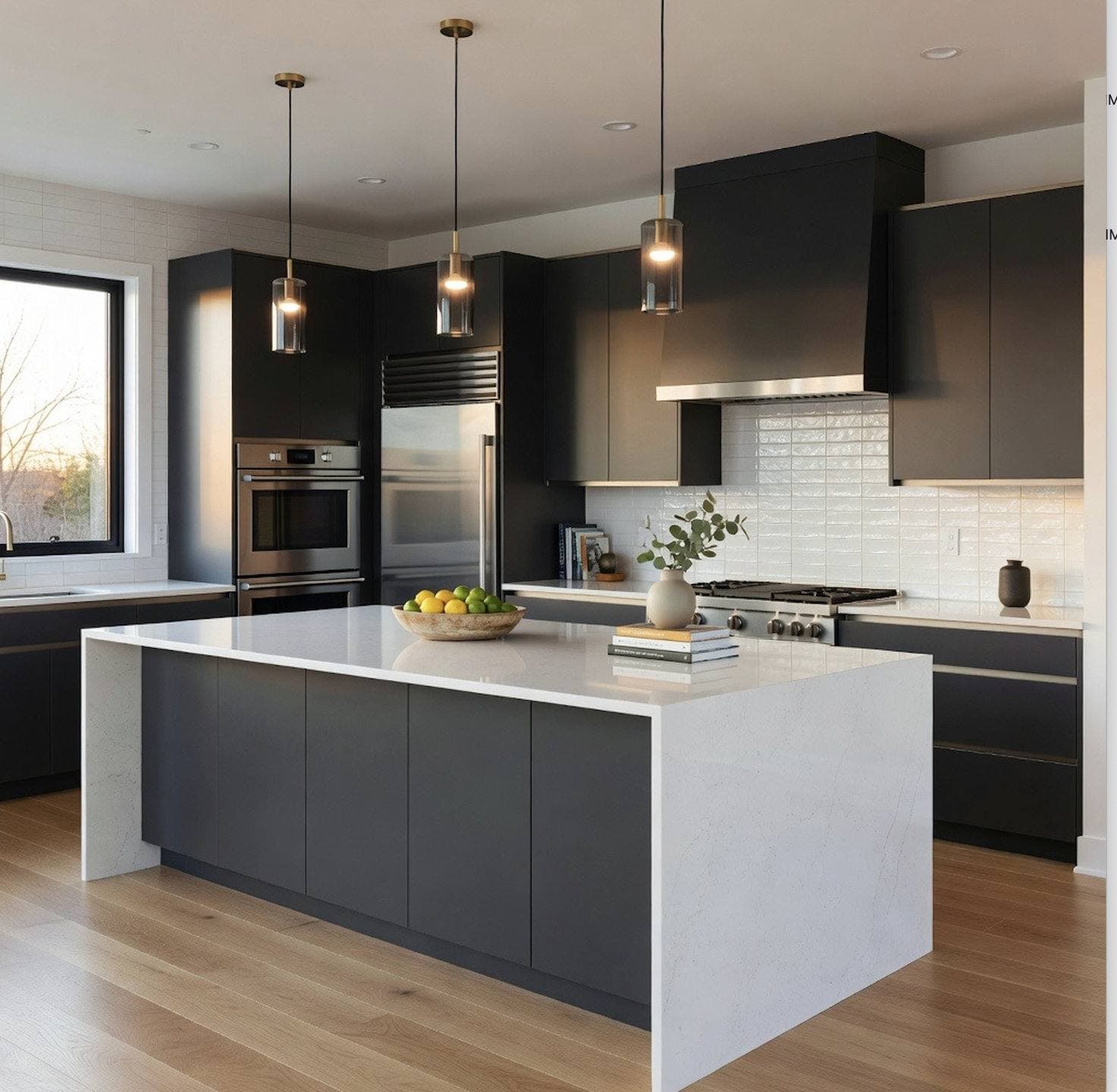 Completed kitchen remodel with two-tone dark and white cabinetry, a center island with pendant lighting, and stainless steel appliances