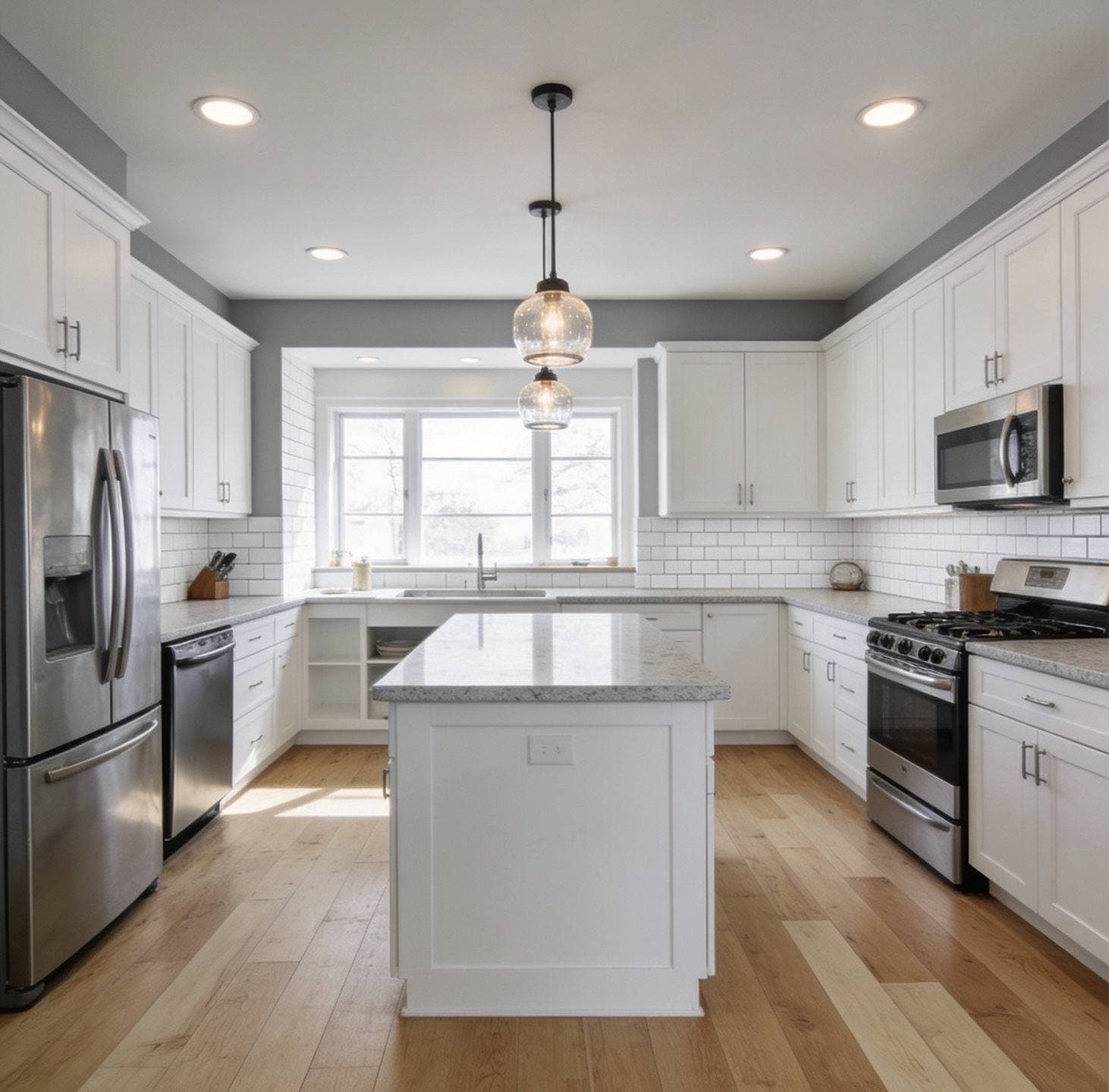 Completed kitchen remodel with white shaker cabinetry, a center island with pendant lighting, and stainless steel appliances
