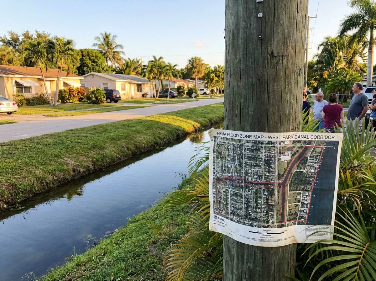 West Park canal corridor — FEMA flood zone map context with single-family residential street