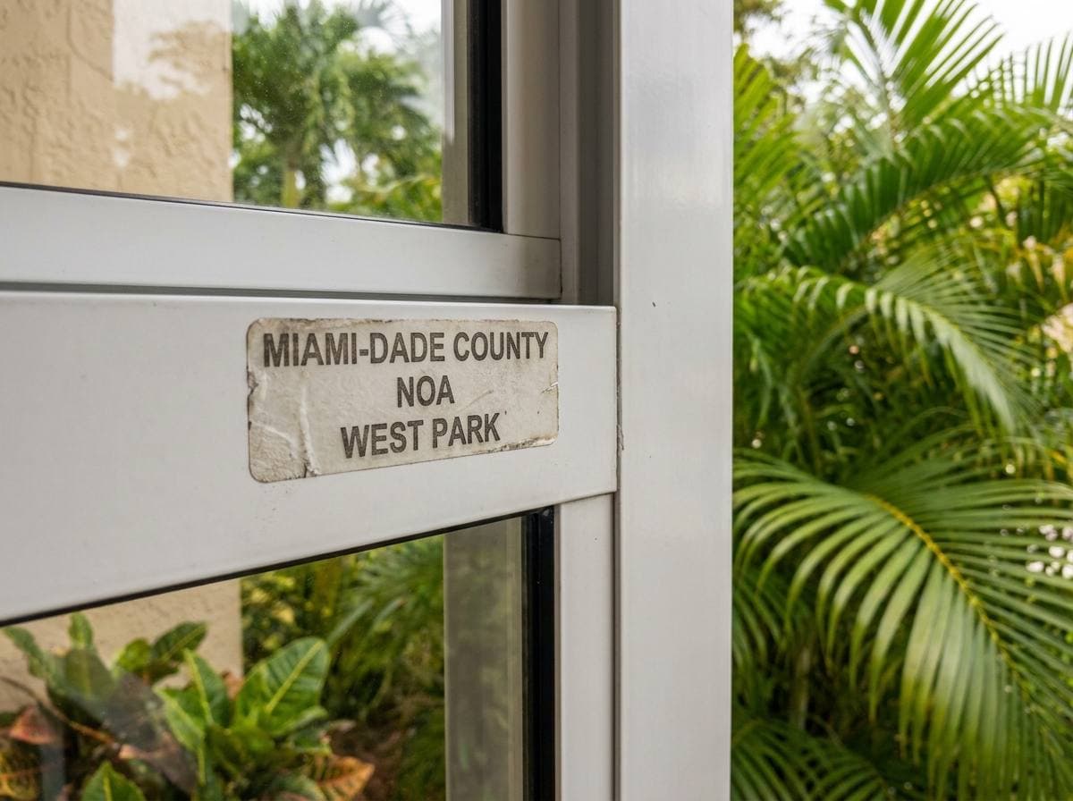 HVHZ impact-rated window NOA West Park — assembly close-up showing Miami-Dade NOA stamp