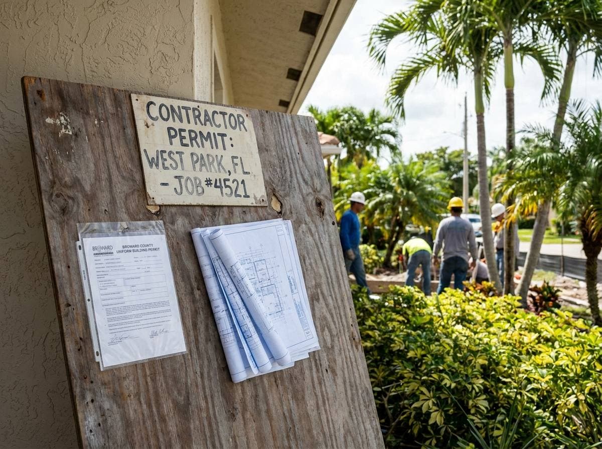 Broward County uniform building permit West Park Florida — packet, blueprints, contractor permit board on job site