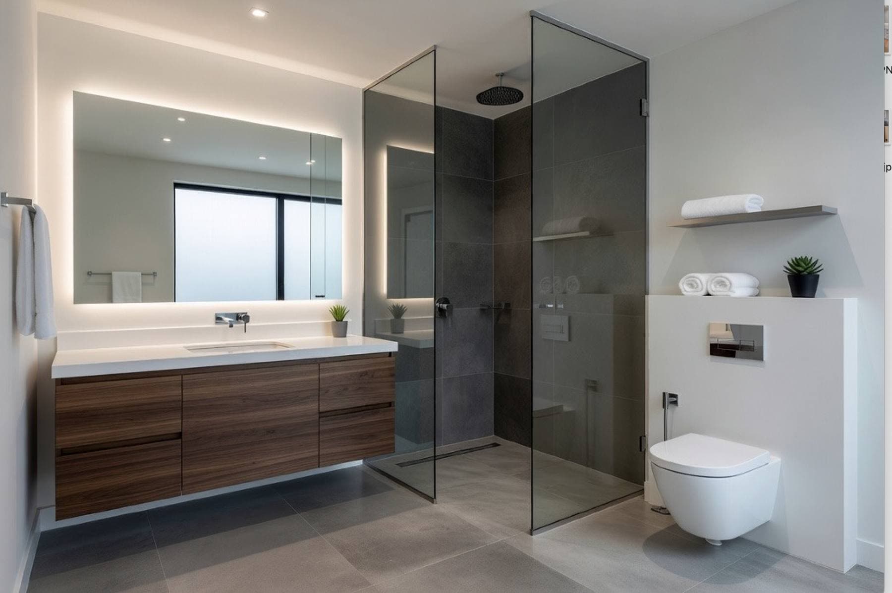 Completed bathroom remodel with a floating wood vanity and a frameless glass walk-in shower