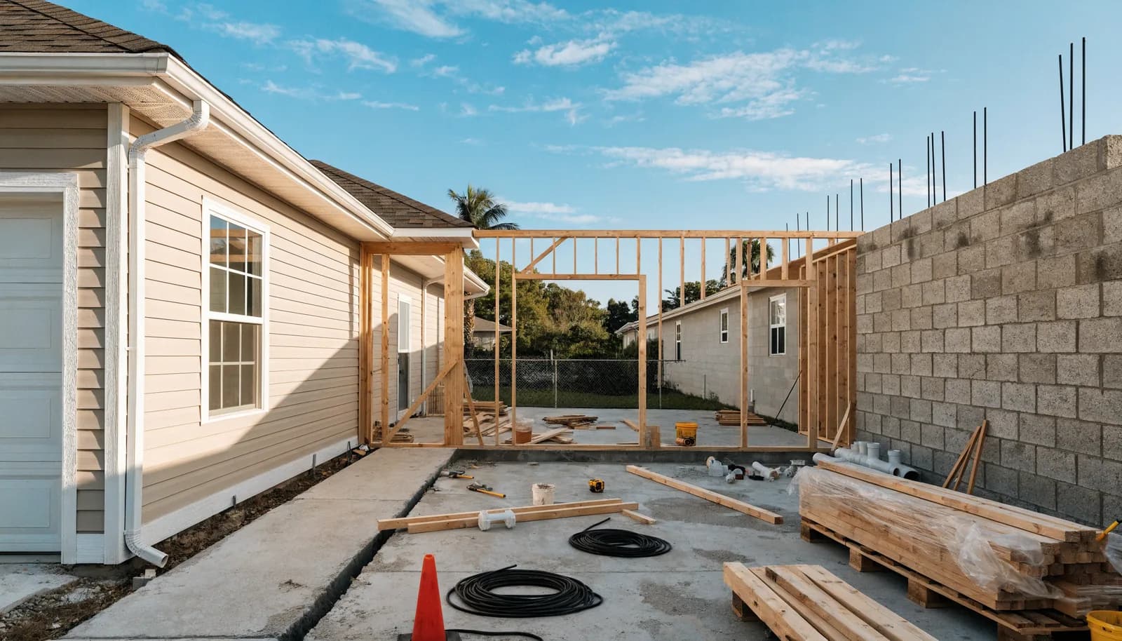 Primary-suite home addition under construction extending a West Park single-family ranch, new framing joining the existing CBS structure