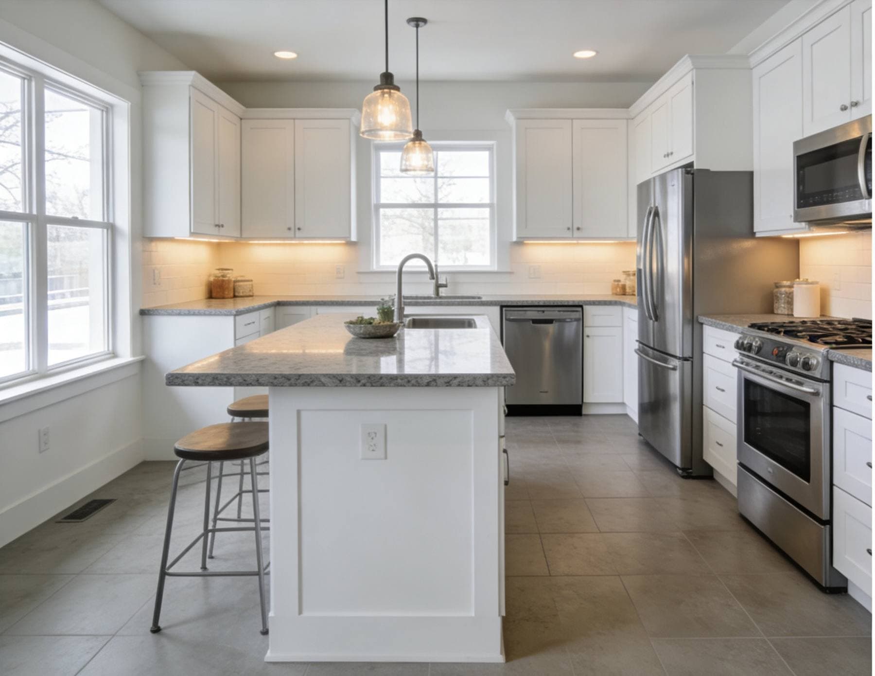 Completed kitchen remodel with white shaker cabinetry, a center island with pendant lighting, and stainless steel appliances