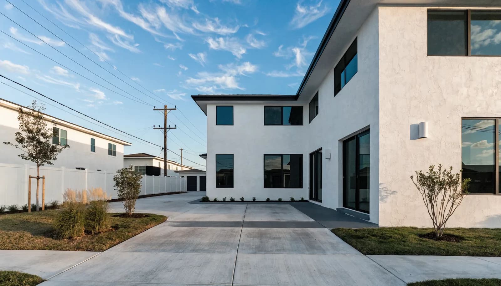 Newly built modern single-family CBS home in West Park with fresh stucco, impact-rated windows, and a clean driveway
