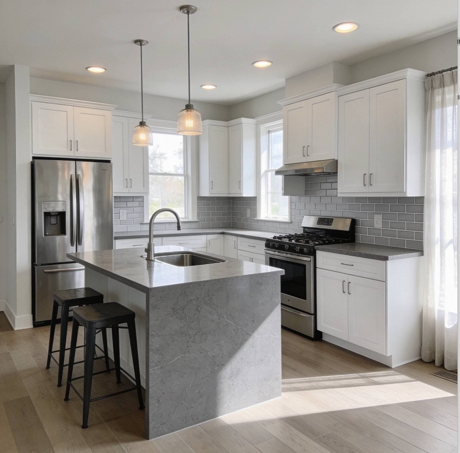 Completed kitchen remodel with white shaker cabinetry, a waterfall-edge island, and stainless steel appliances
