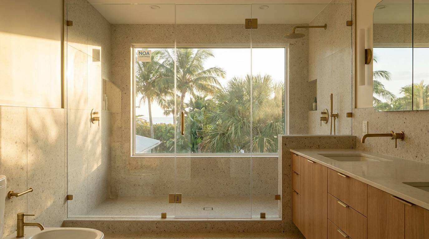 Lake Forest 1973 split-level primary bath gut — frameless glass walk-in shower with NOA-stamped impact window