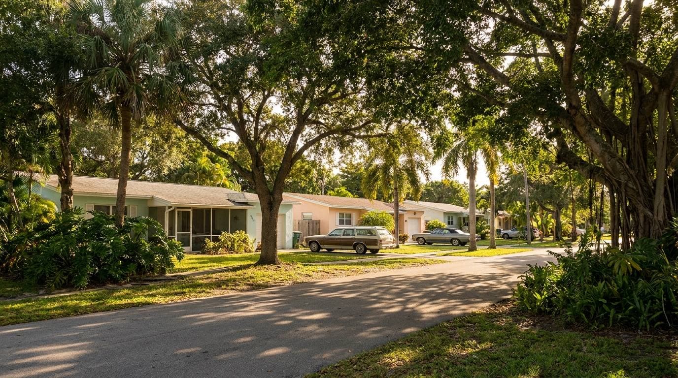 Wilton Manors single-family street with mid-century ranch homes shaded by mature canopy, representative of the 1950s–1970s housing stock that dominates the city