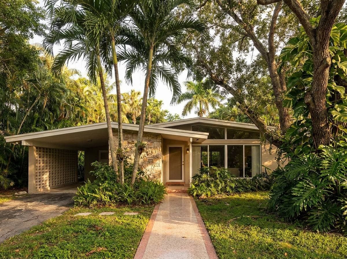 Mid-century ranch single-family home in Wilton Manors with original architectural details, terrazzo entry, and mature tropical canopy