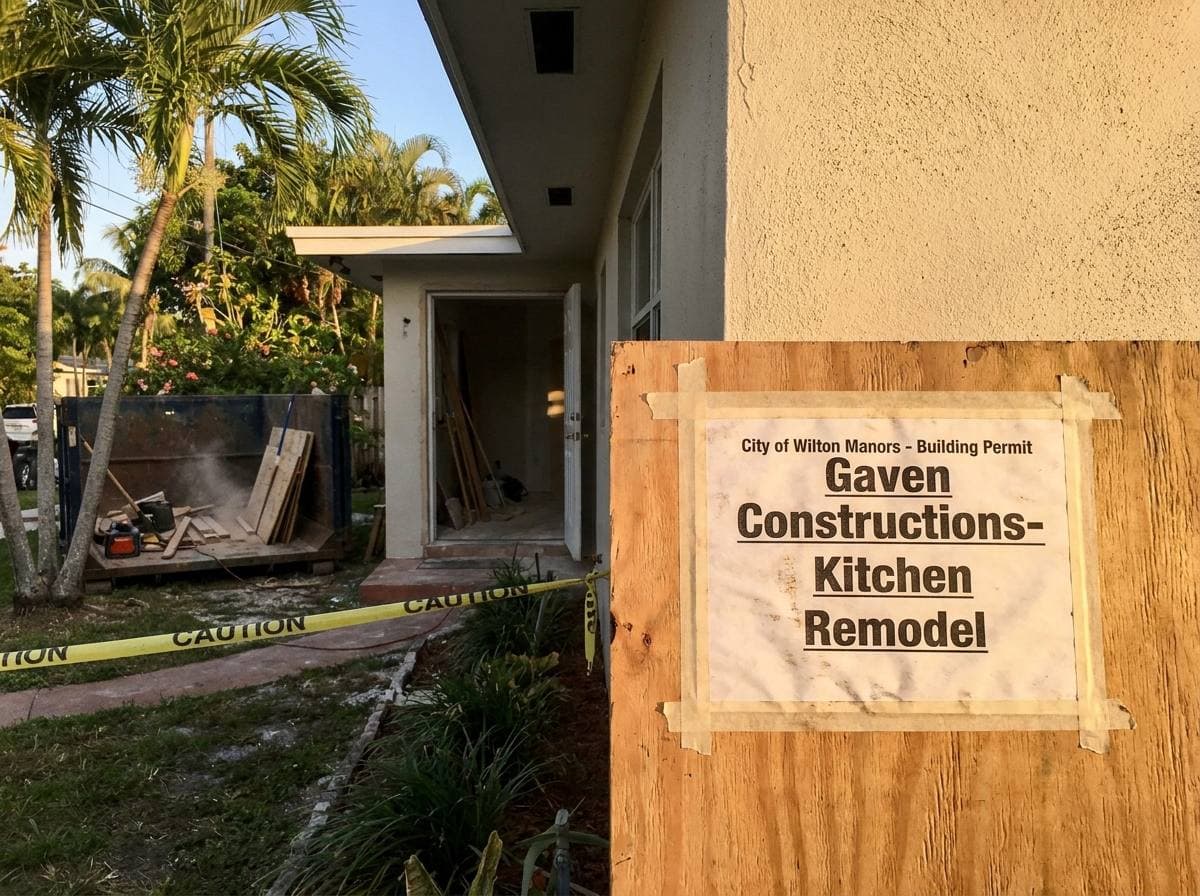 Posted City of Wilton Manors building permit at active Gaven Constructions kitchen remodel jobsite on a mid-century single-family ranch home
