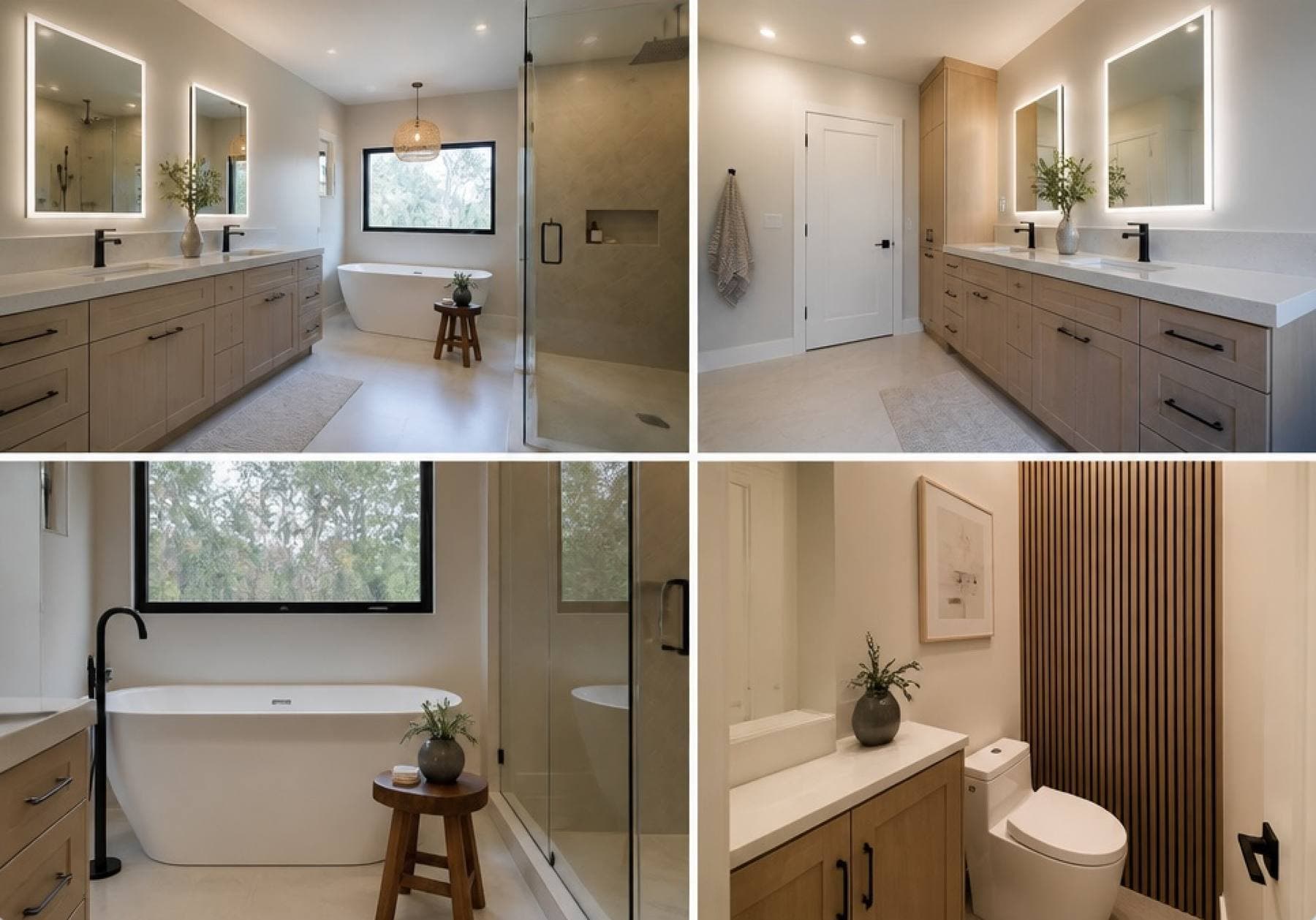Completed bathroom remodel with a floating wood vanity and a frameless glass walk-in shower