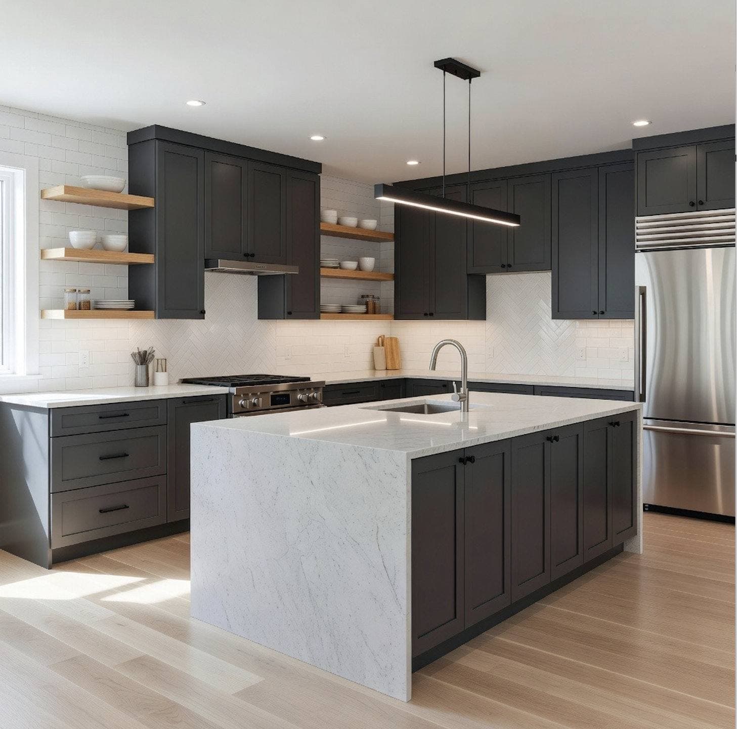 Completed kitchen remodel with two-tone dark and white cabinetry, a center island with pendant lighting, and stainless steel appliances