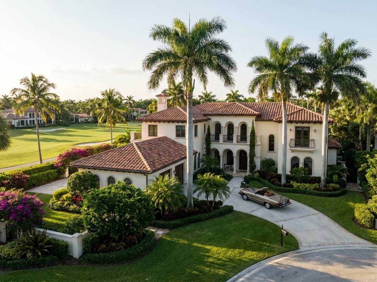 Aerial view of a Mediterranean golf-course estate with a barrel-tile roof and royal palms
