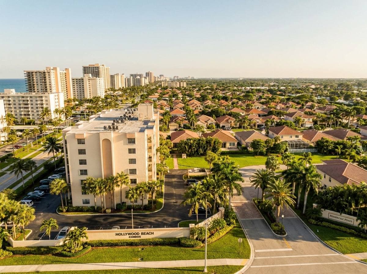 Aerial view of Broward stock: oceanfront condo towers and an inland barrel-tile-roof subdivision