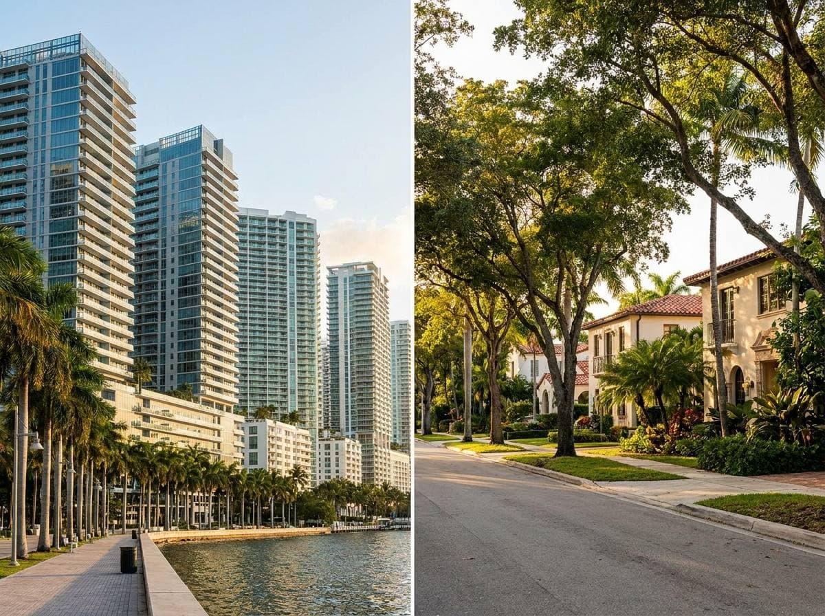 Waterfront glass condo towers on a palm-lined promenade, and a shaded street of Mediterranean homes