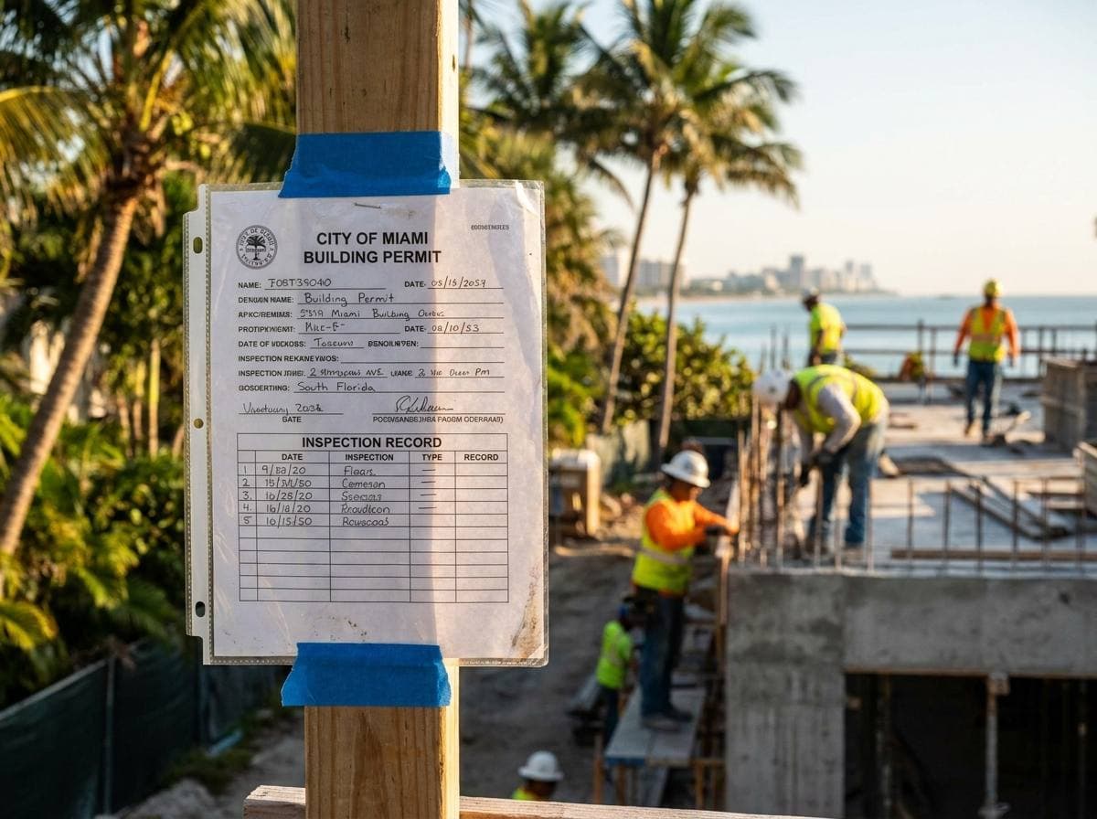 Posted permit and inspection record at active jobsite illustrating jurisdictional permit-pull workflow