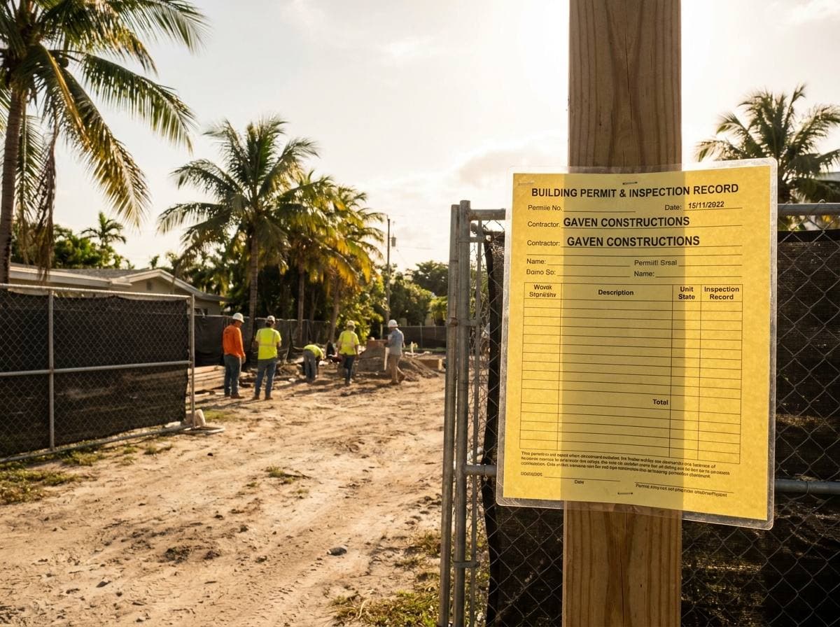 Posted permit and inspection record at active Gaven Constructions jobsite — license verification context