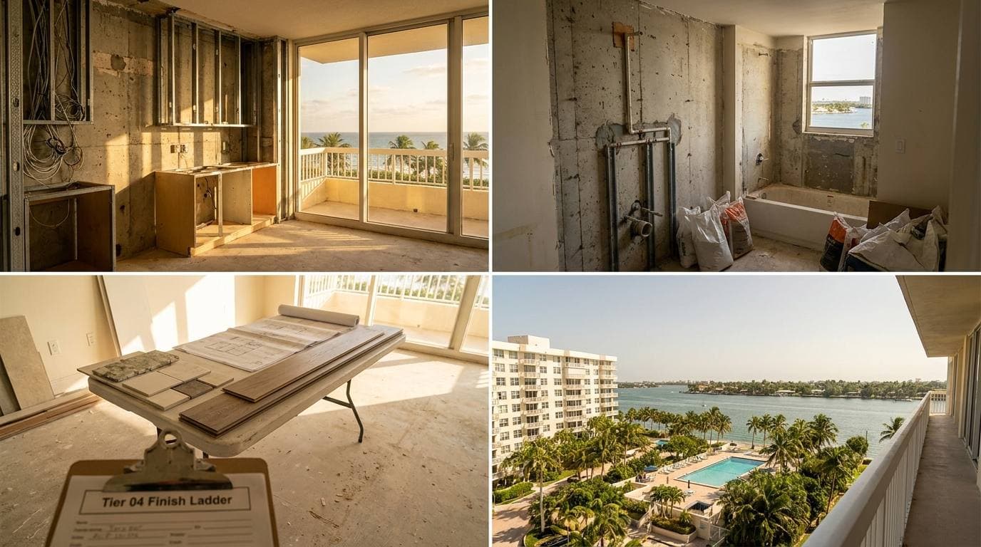 Aventura coastal high-rise tower kitchen and primary bathroom gut, Tier 04 finish ladder