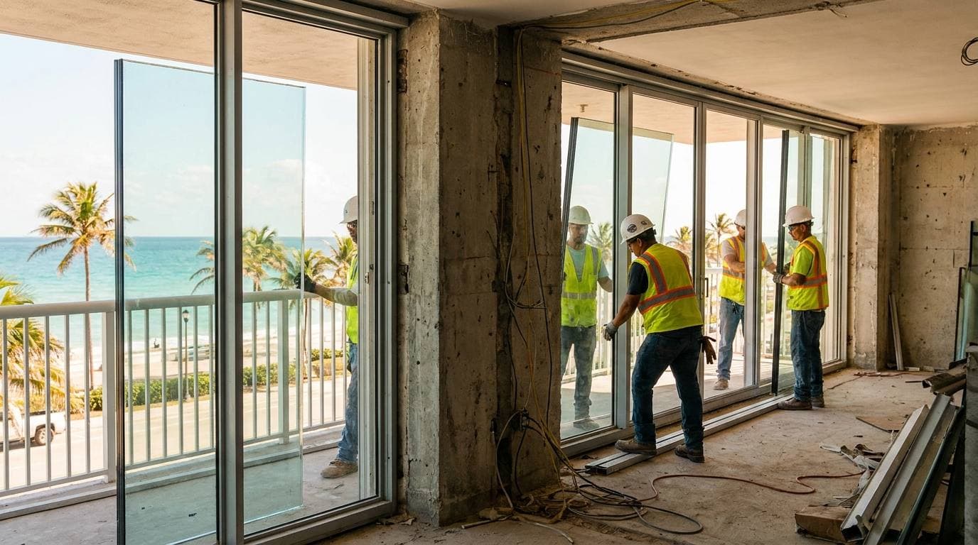 Hollywood Broward coastal condo gut renovation mid-construction, HVHZ-rated impact glass installation