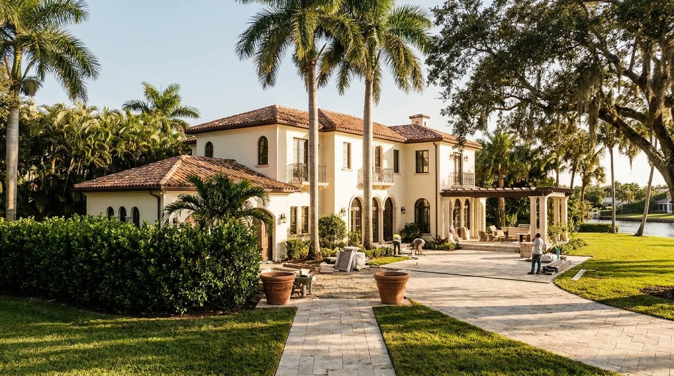 Boca Raton country-club Mediterranean Revival single-family whole-home renovation with mature landscape