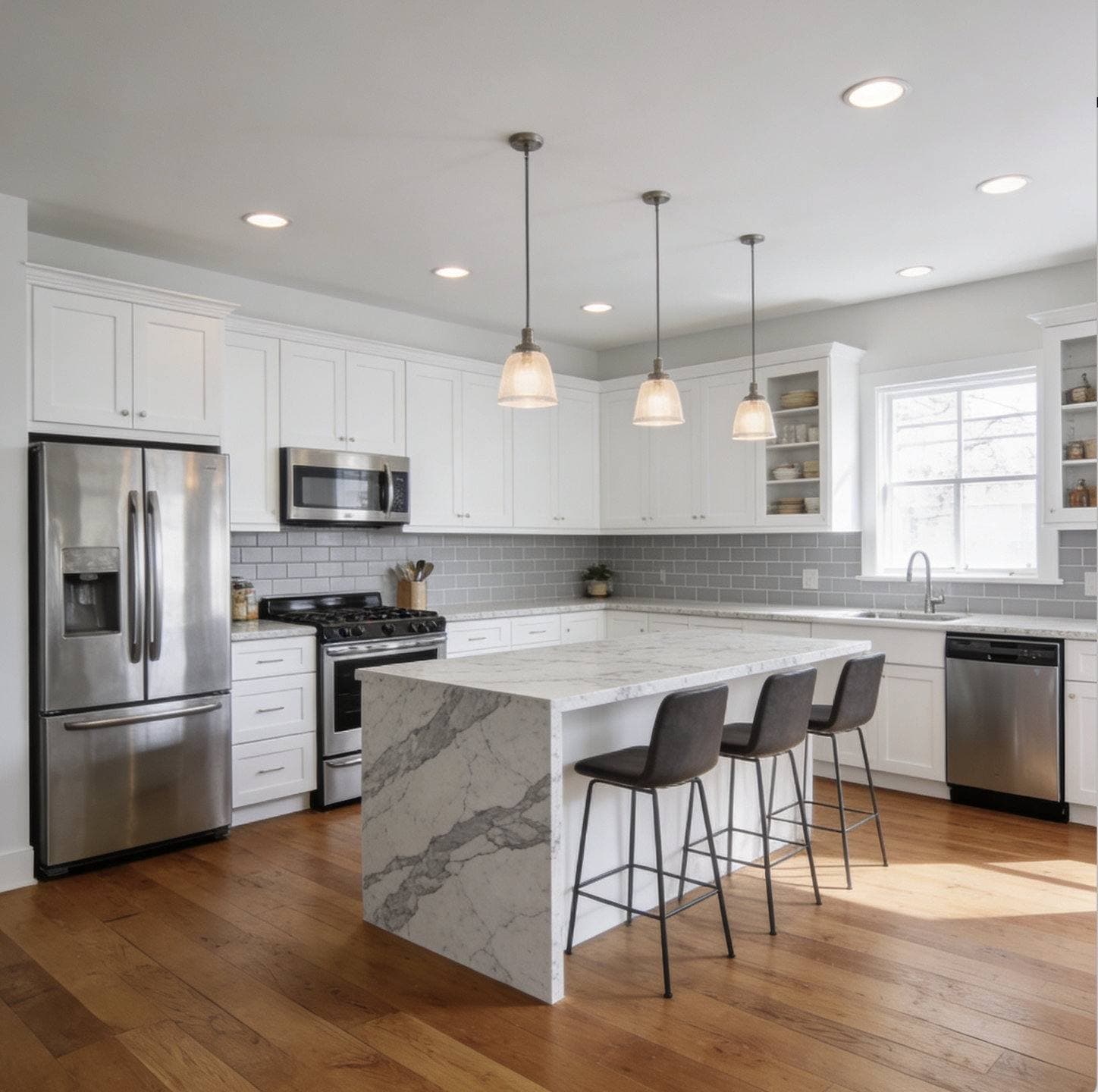 A finished kitchen with white shaker cabinetry, a marble waterfall island, tiled backsplash and under-cabinet lighting