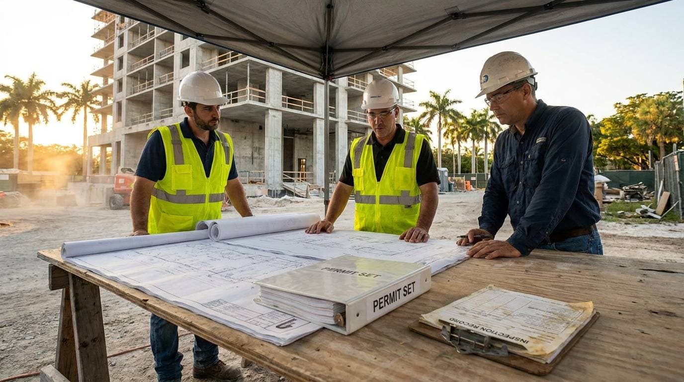 Three people in hard hats and high-visibility vests reviewing rolled drawings on a plywood table at a job site, with a binder labelled PERMIT SET and a clipboard labelled INSPECTION RECORD in the foreground and a concrete-frame building behind