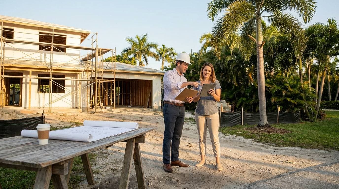 Two people reviewing a clipboard and a tablet outside a house under construction, with rolled drawings on a sawhorse table and scaffolding on the framed structure behind them