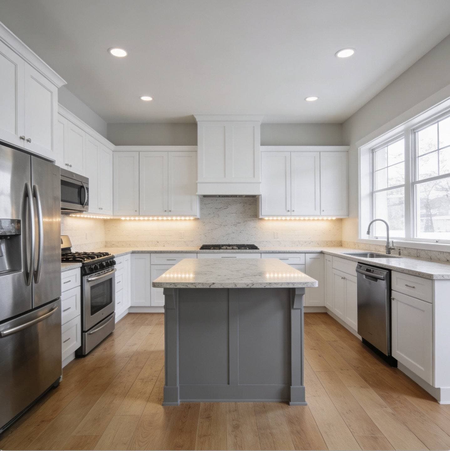 A finished white shaker kitchen with a grey island under a light quartz top, stainless refrigerator, range, microwave and dishwasher, marble-look backsplash with electrical outlets visible above the counter, a strip of under-cabinet lighting, wide oak plank flooring and a large window over the sink