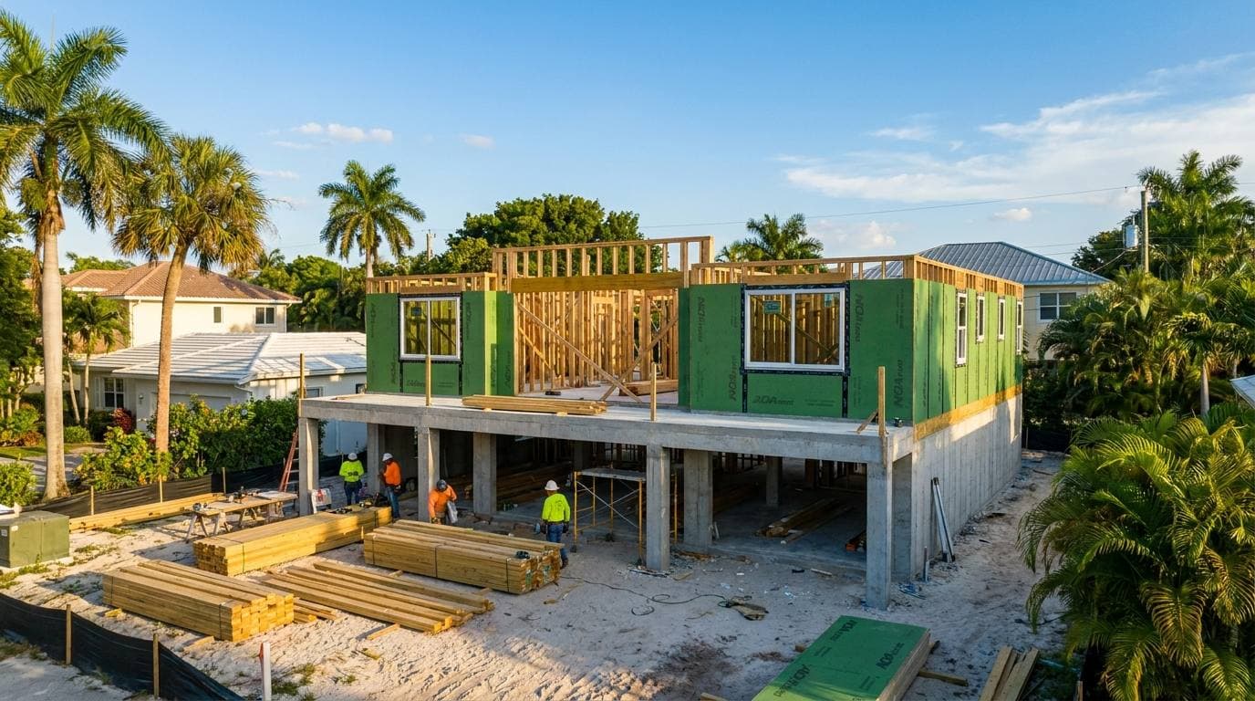 Aerial view of a two-storey house under construction on an elevated concrete ground floor, green exterior sheathing panels and open wood framing above, stacks of dimensional lumber on the sand, five workers in high-visibility clothing, neighbouring houses and palms under a blue sky