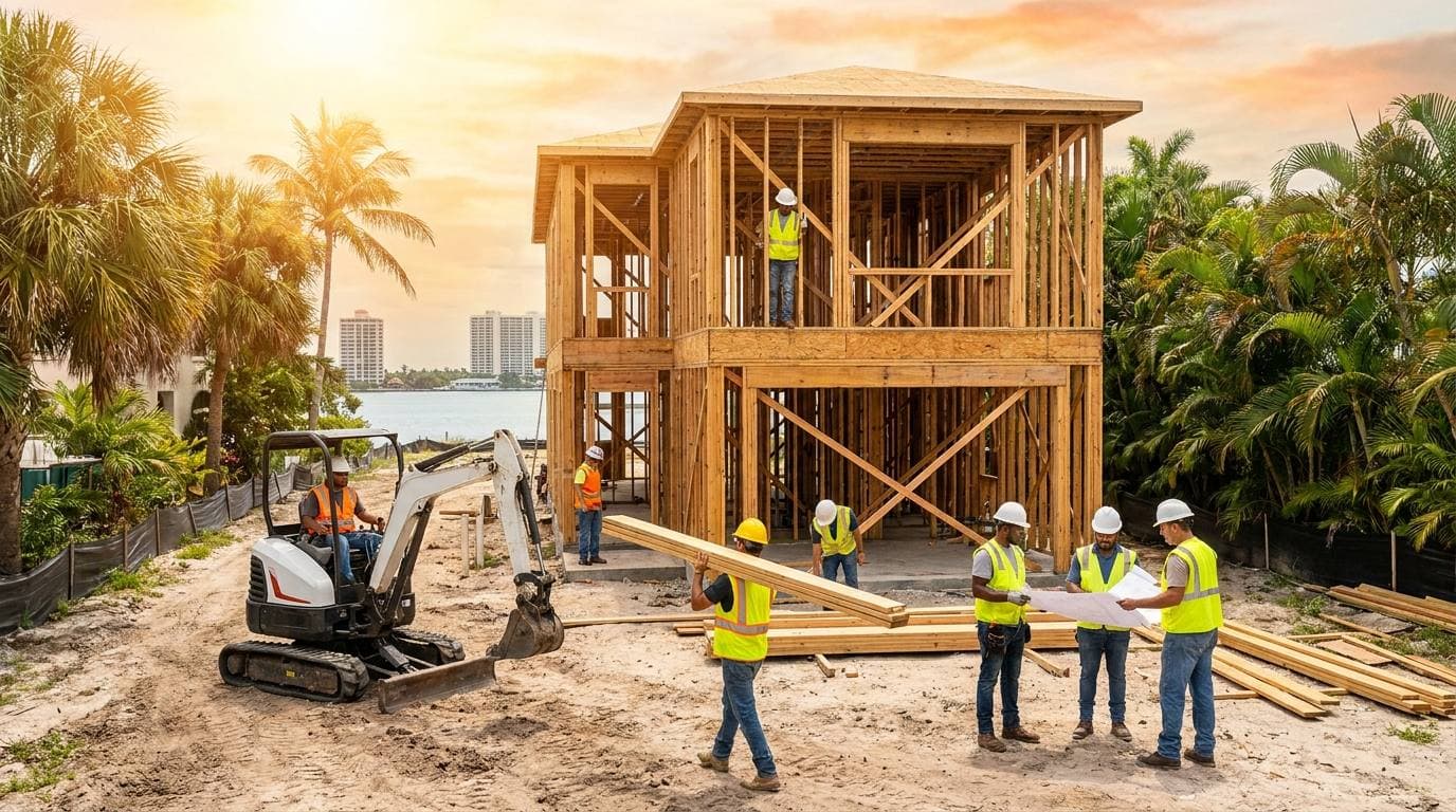 A two-storey wood frame going up on a cleared sandy lot, a worker on the upper floor, a mini excavator grading the ground in front, a crew carrying lumber and three workers reviewing drawings, with palms on both sides and open water and high-rise towers in the distance