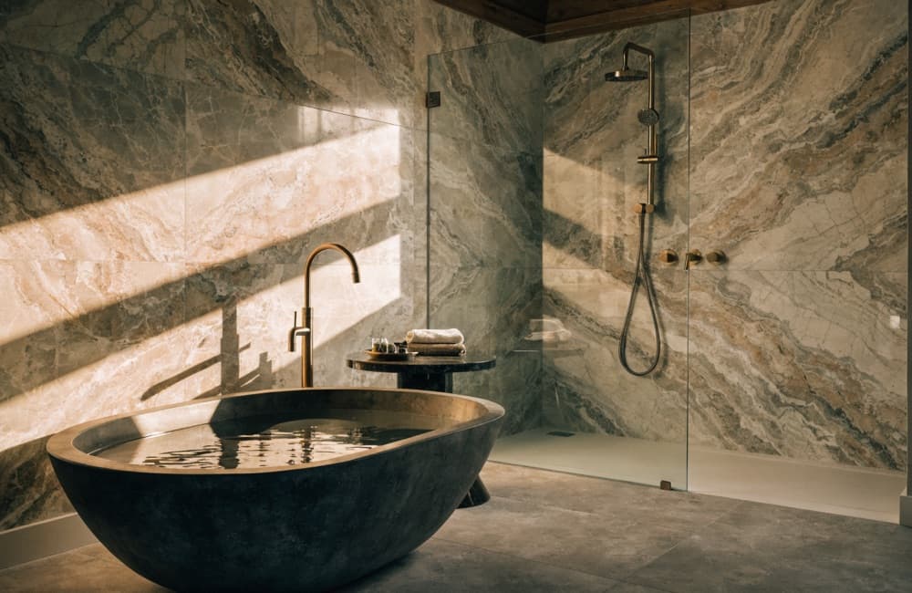 Luxury primary bathroom with a freestanding soaking tub and frameless glass shower