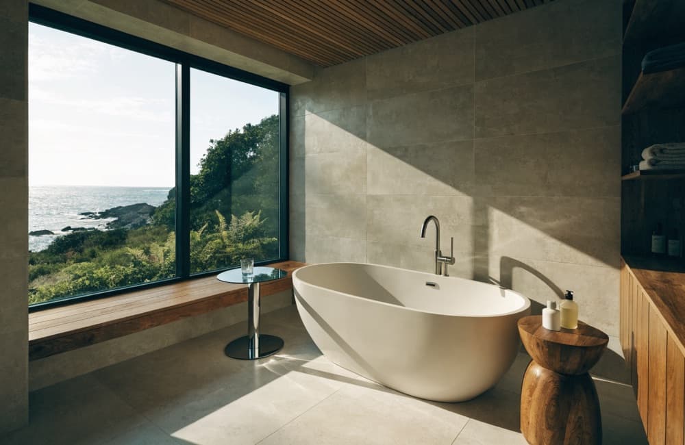 Coastal bathroom with a freestanding tub beside a large window
