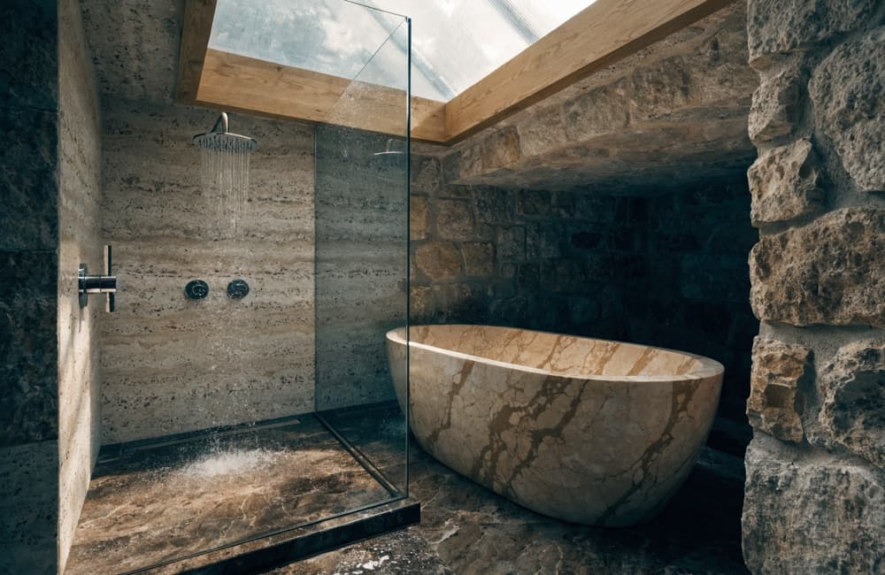 Wet room with a curbless walk-in shower and a freestanding tub under a skylight