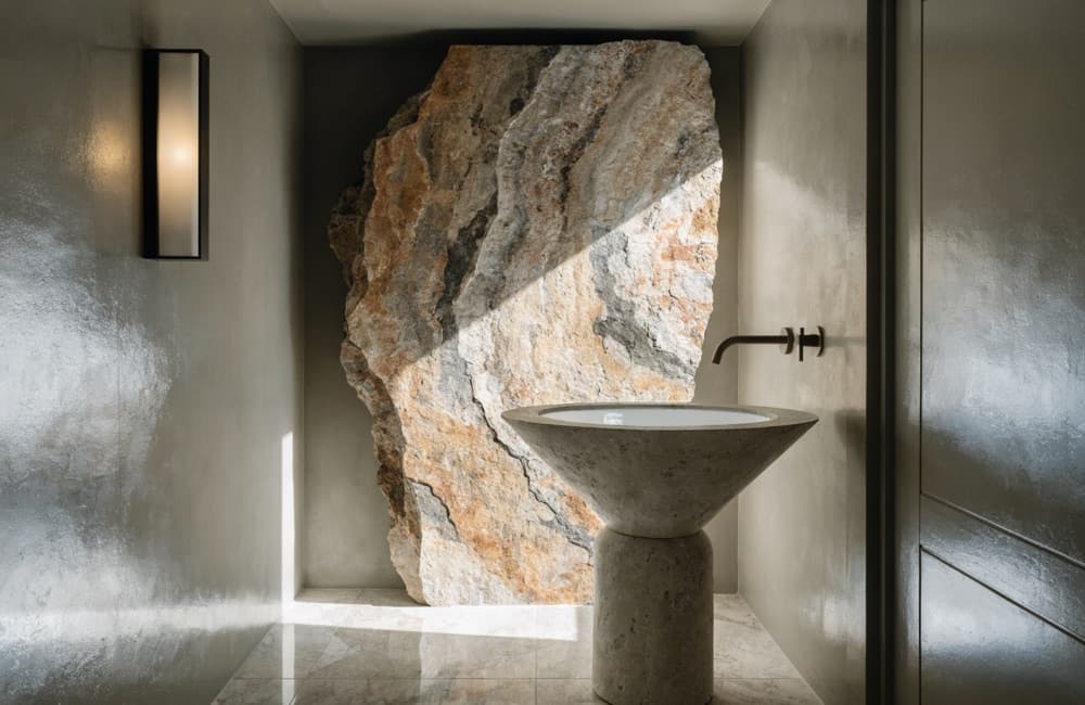 Compact powder room with a natural stone feature wall and a vessel sink