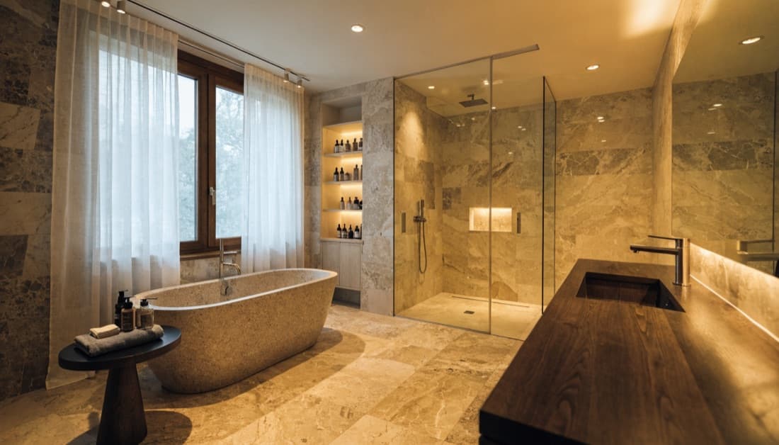 Completed luxury primary bathroom with a freestanding tub and glass shower