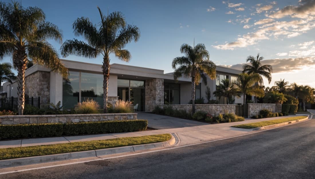 Single-story house with stone and stucco walls, tall windows and palm trees along the sidewalk at sunset.