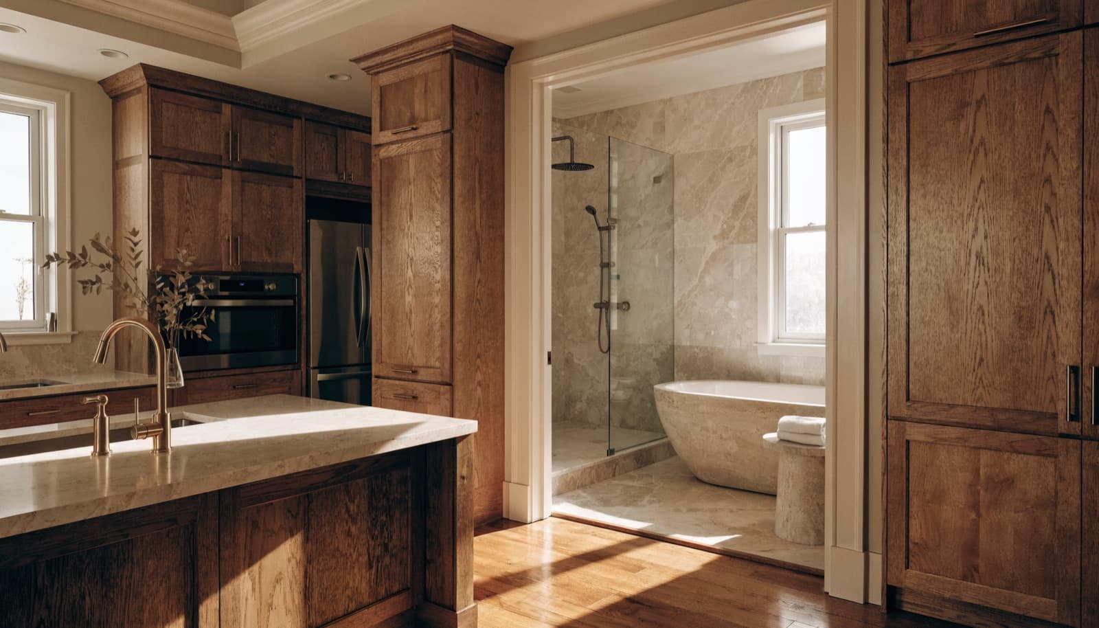 Coral Gables interior: a wood kitchen opening to a bathroom with a tub and glass walk-in shower