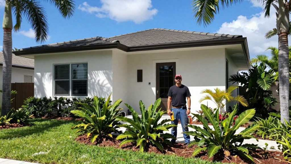 Miami home with contractor and tropical landscaping.
