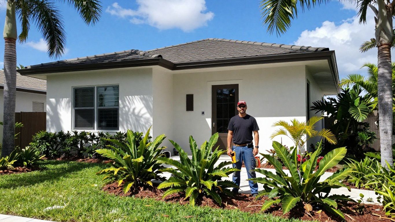 Miami home with contractor and tropical landscaping.